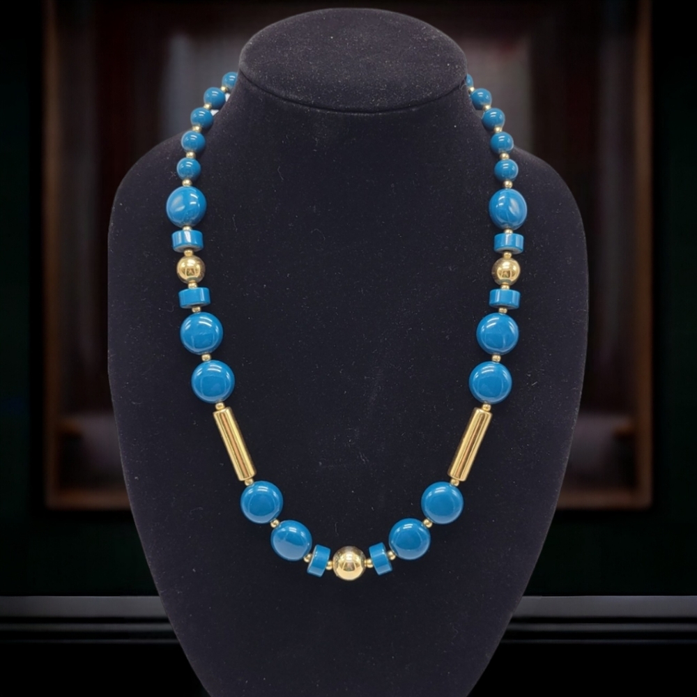 Vintage 1970s Trifari Blue Lucite Necklace  24" Gold Tone Statement Necklace